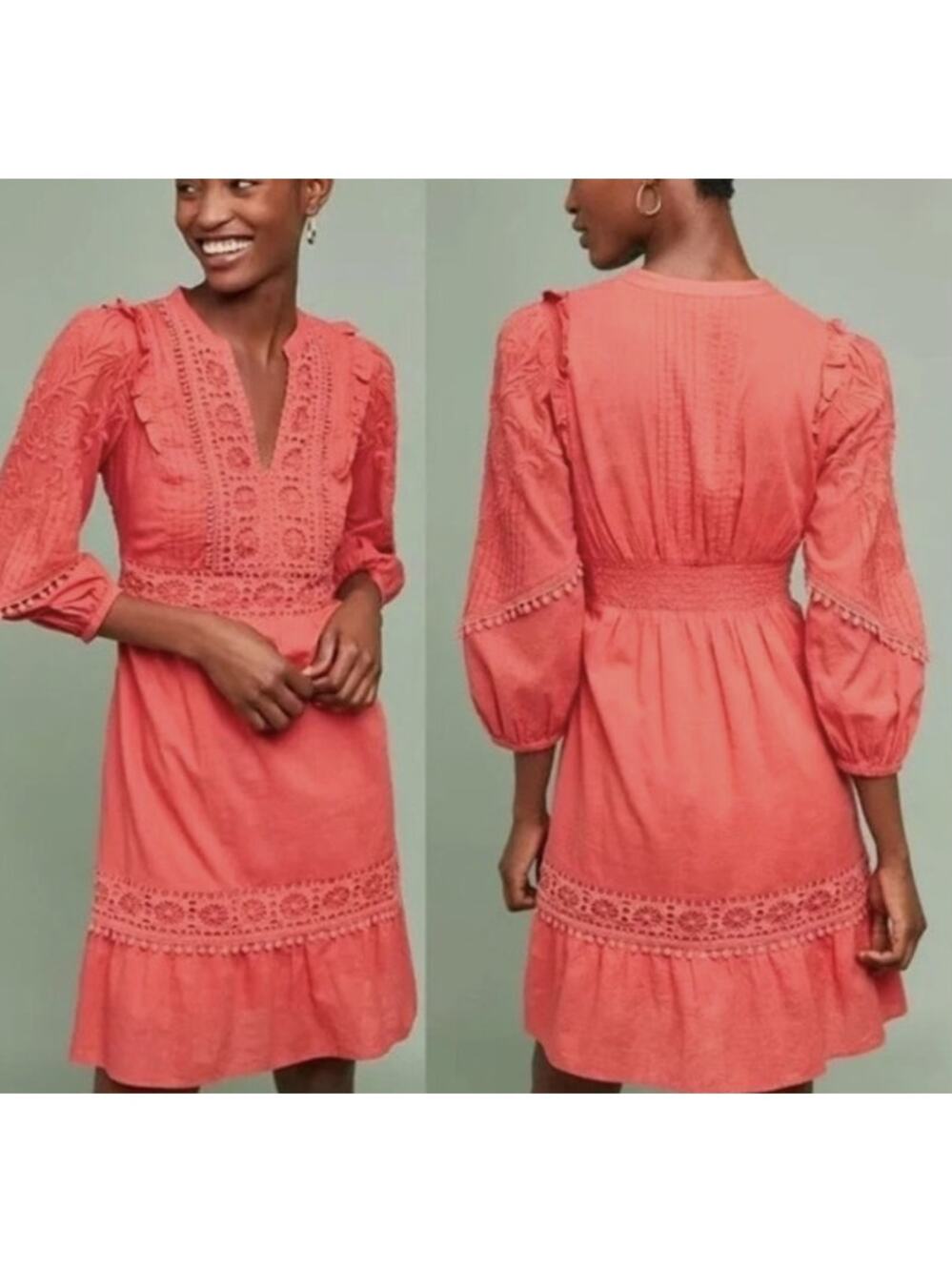 Anthropologie Akemi + Kin Coral Orange Josephine Embroidered Dress Size L
